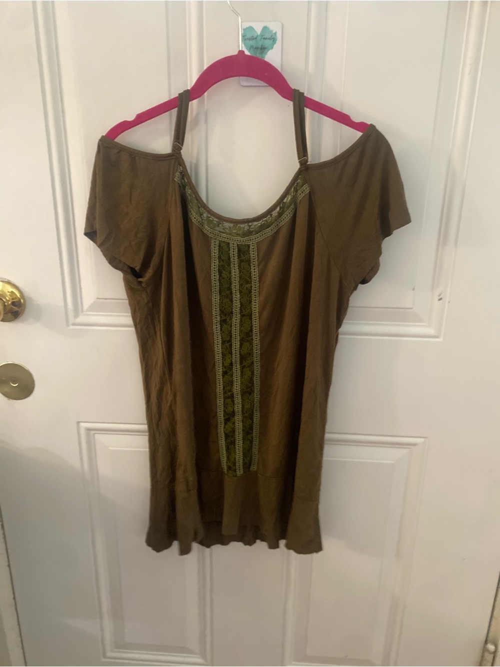 POL Olive Cold-Shoulder Tunic with Green Embroidered Panel NWOT